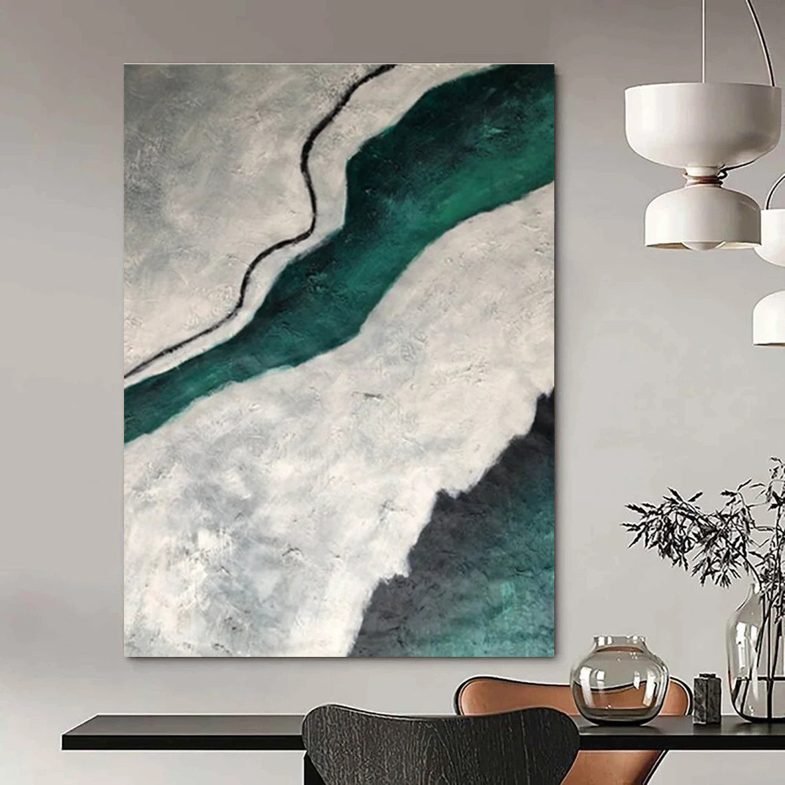Gray - Green Textured River Abstract Painting for Nature - Inspired Studies HENG403