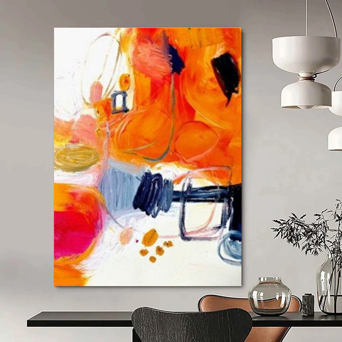 Energetic Orange - Hued Abstract Forms Painting for Creative Spaces HENG272