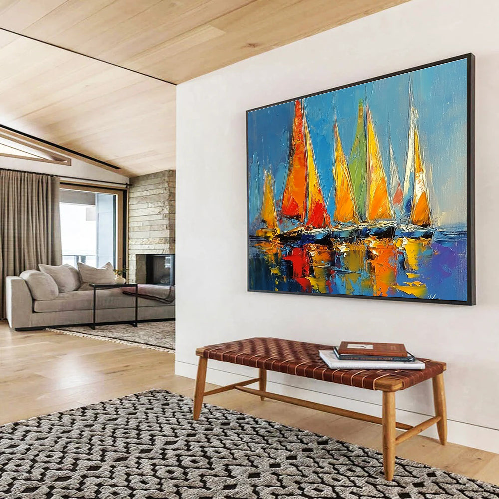 Colorful Sailboats Abstract Painting with Vibrant Maritime Energy ABS433