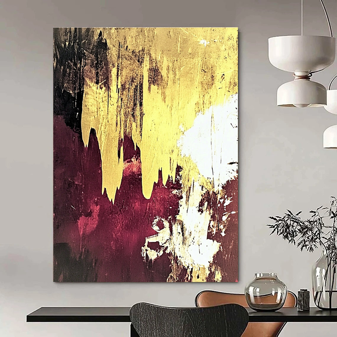 Gold Drip on Maroon Abstract Painting for Opulent Lounges GAB0764