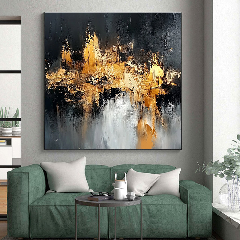 Black Gold Abstract Cityscape Painting with Metallic Highlights WINK643