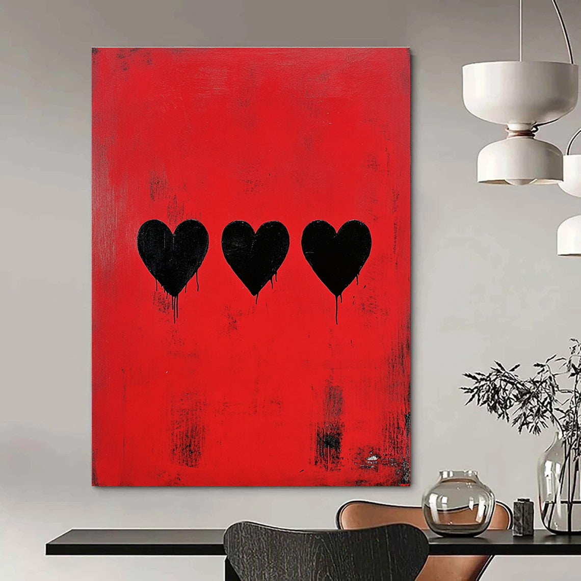 Red and Black Hearts Edgy Abstract Painting for Bold Spaces GAB1489