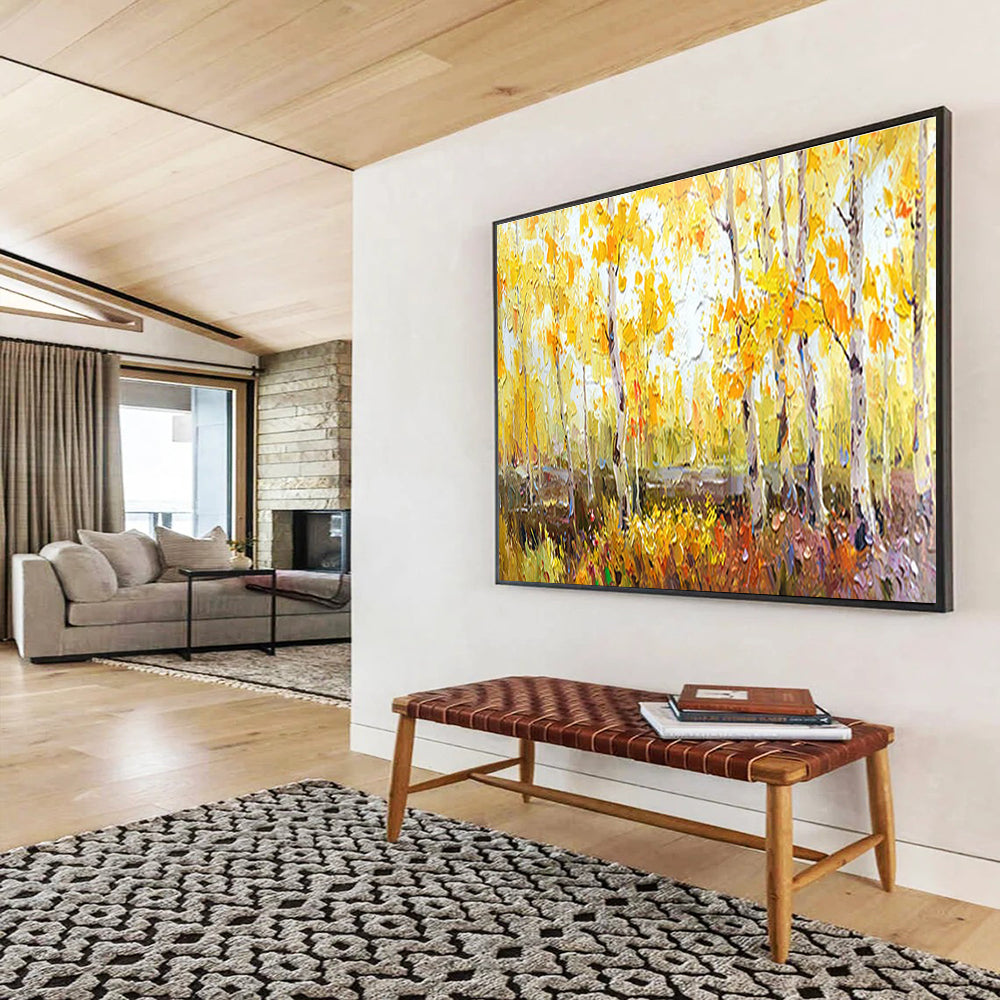 Autumn Birch Forest Abstract Painting for Cozy Cottage Interiors YHT212