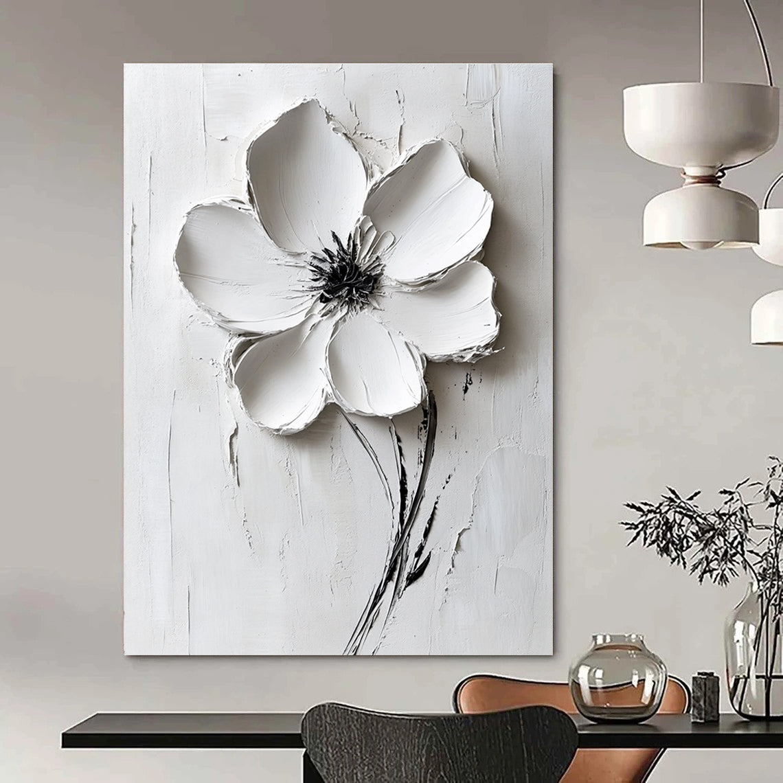 White Flower Relief Abstract Painting for Minimalist Bedrooms GAB1000
