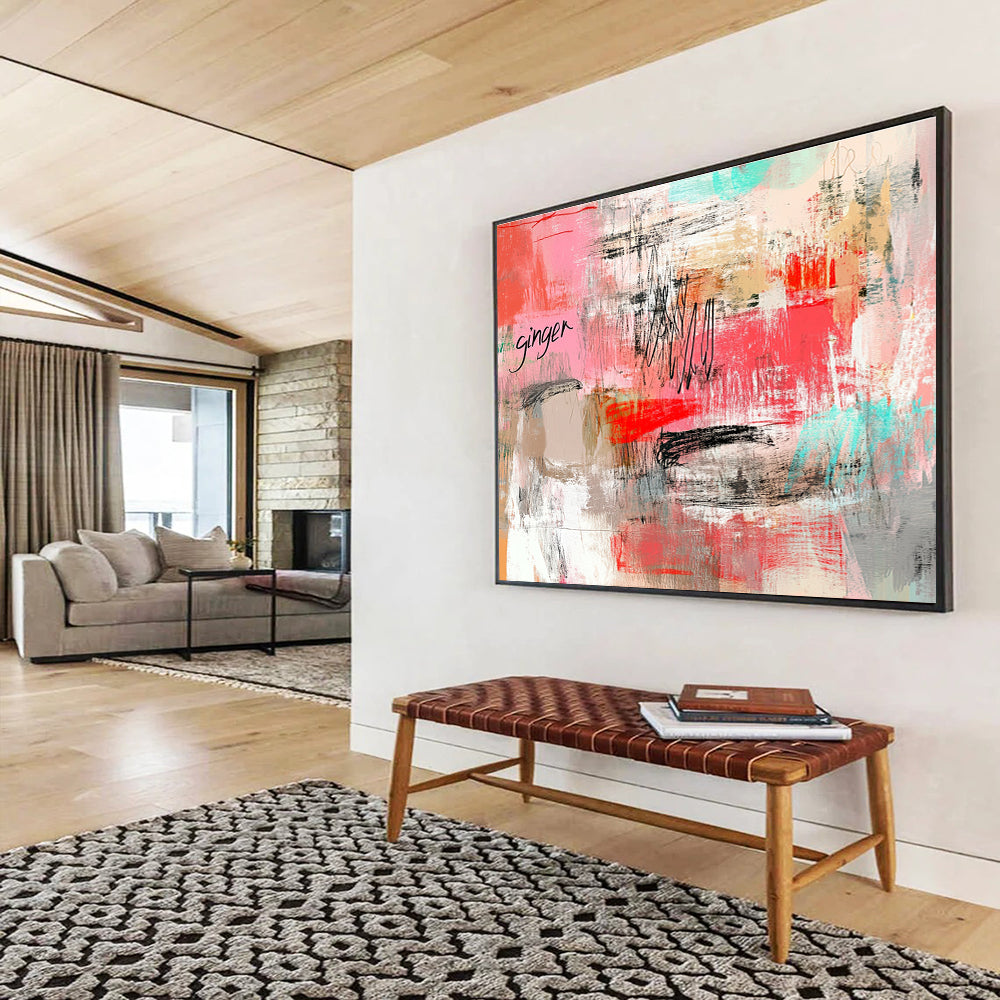Pink and Gray Abstract Painting with Playful Text and Strokes ABS434