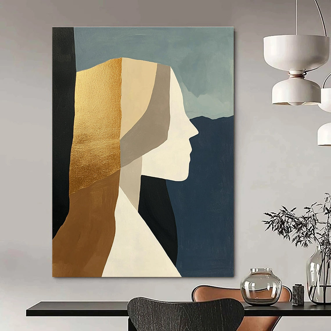 Gold - Accented Abstract Portrait Painting for Luxury Boutique Hotels GAB1155