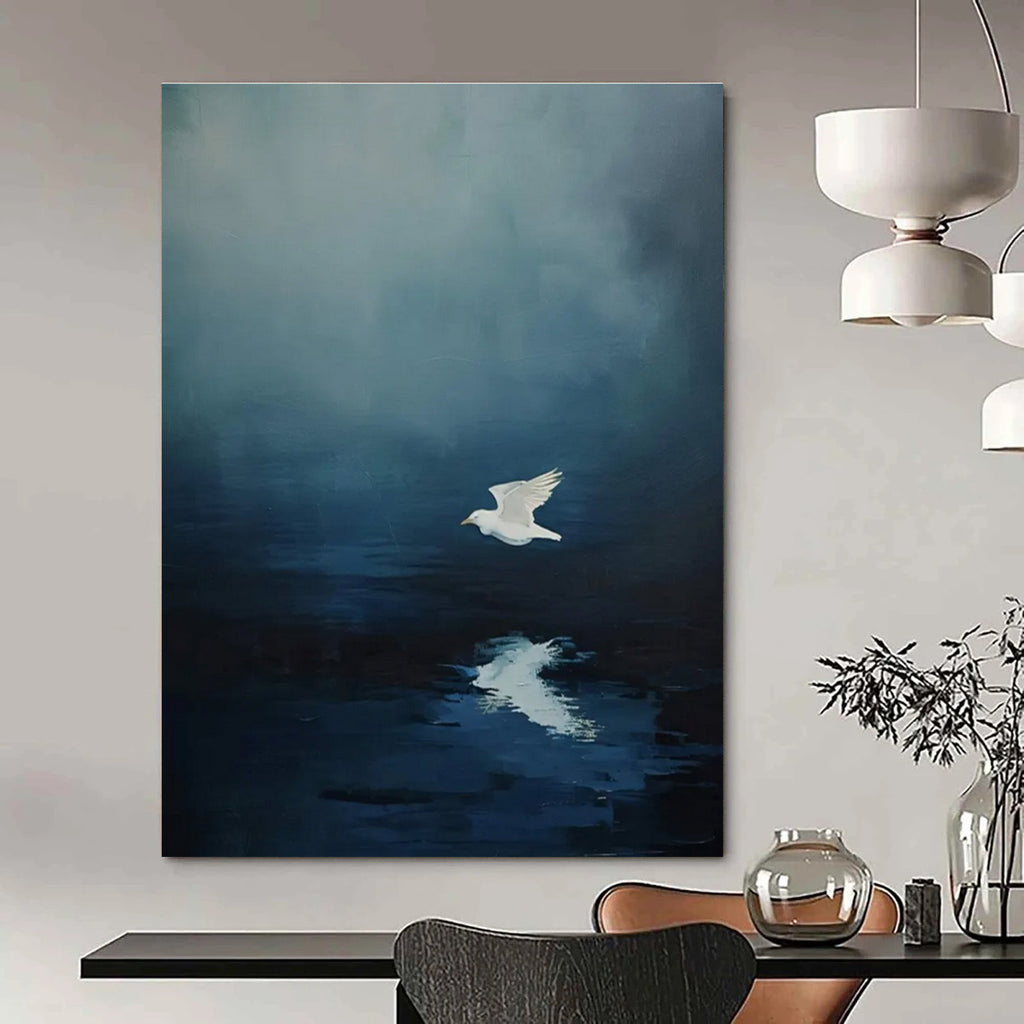 White Bird Over Water Abstract Painting for Coastal Home Bedrooms HENG478