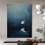 White Bird Over Water Abstract Painting for Coastal Home Bedrooms HENG478