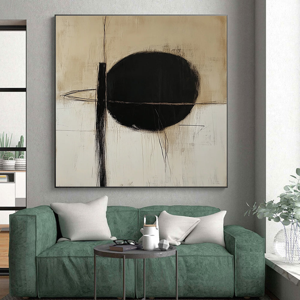 Black Circle and Lines Abstract Painting with Minimalist Drama WINK010