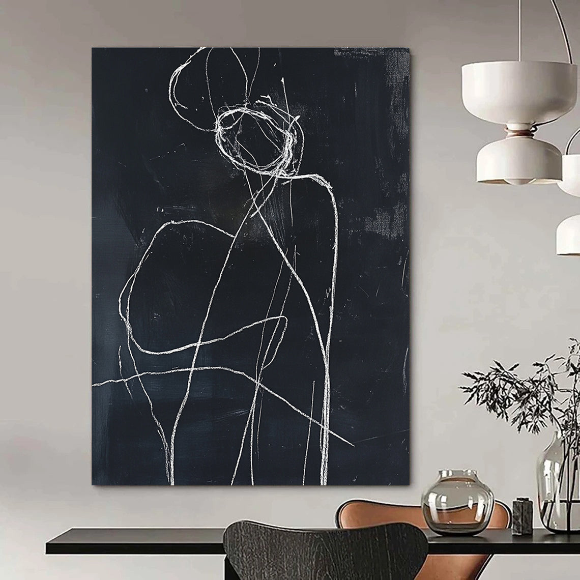 Minimalist Figure Sketch Painting with White Lines GAB0108