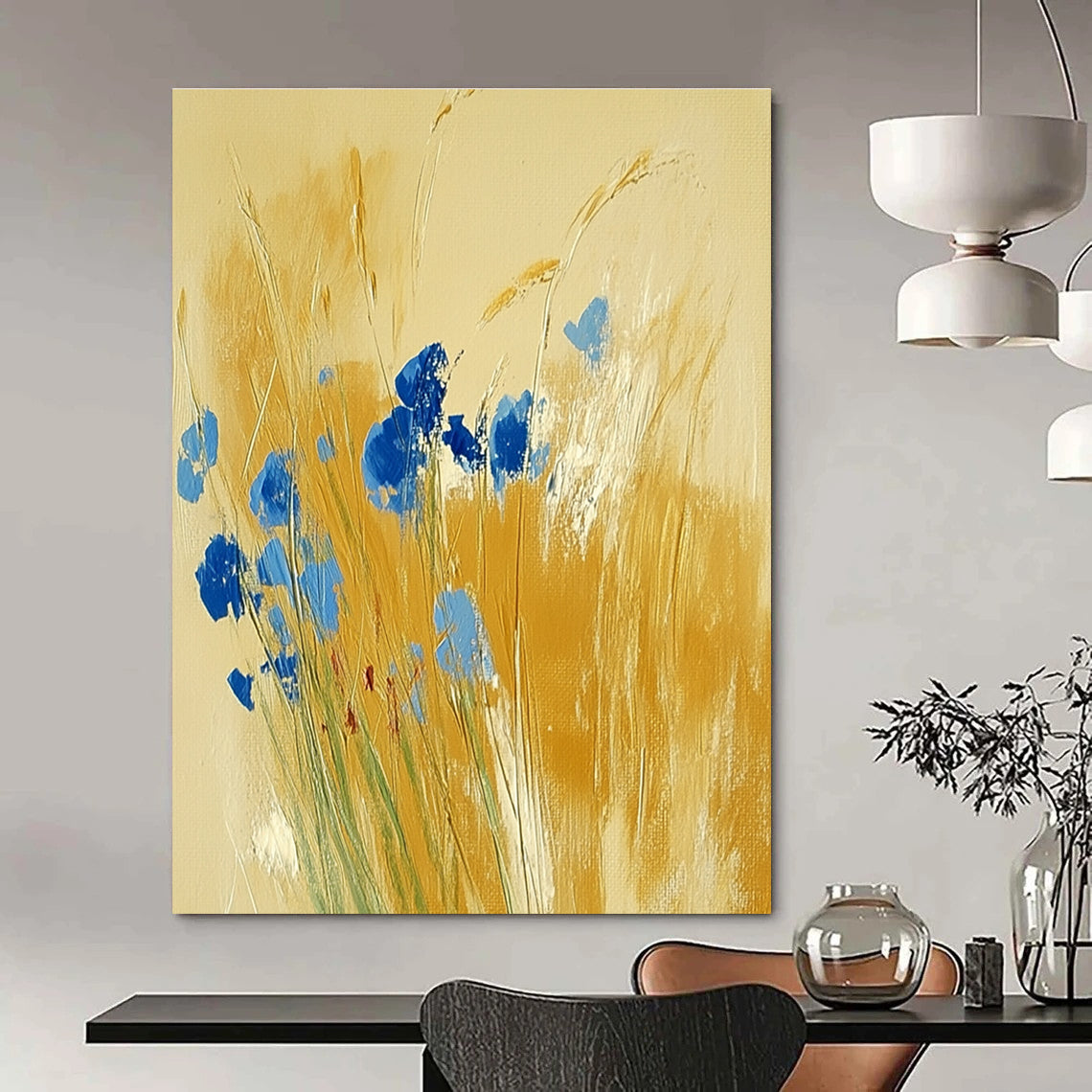Blue Flowers in Golden Grass Abstract Painting for Country - Style Patios GAB0797
