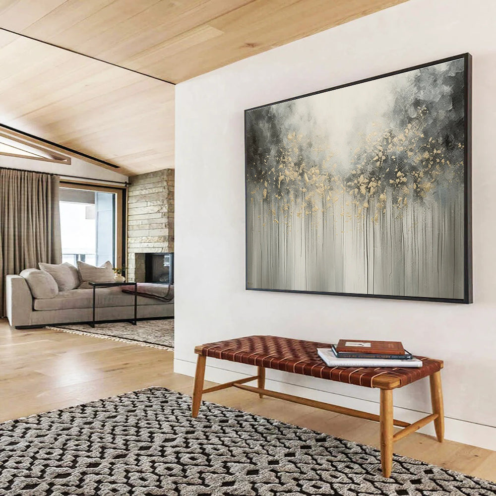 Gray and Gold Dripping Trees Abstract Painting for Elegant Living Rooms YHT320
