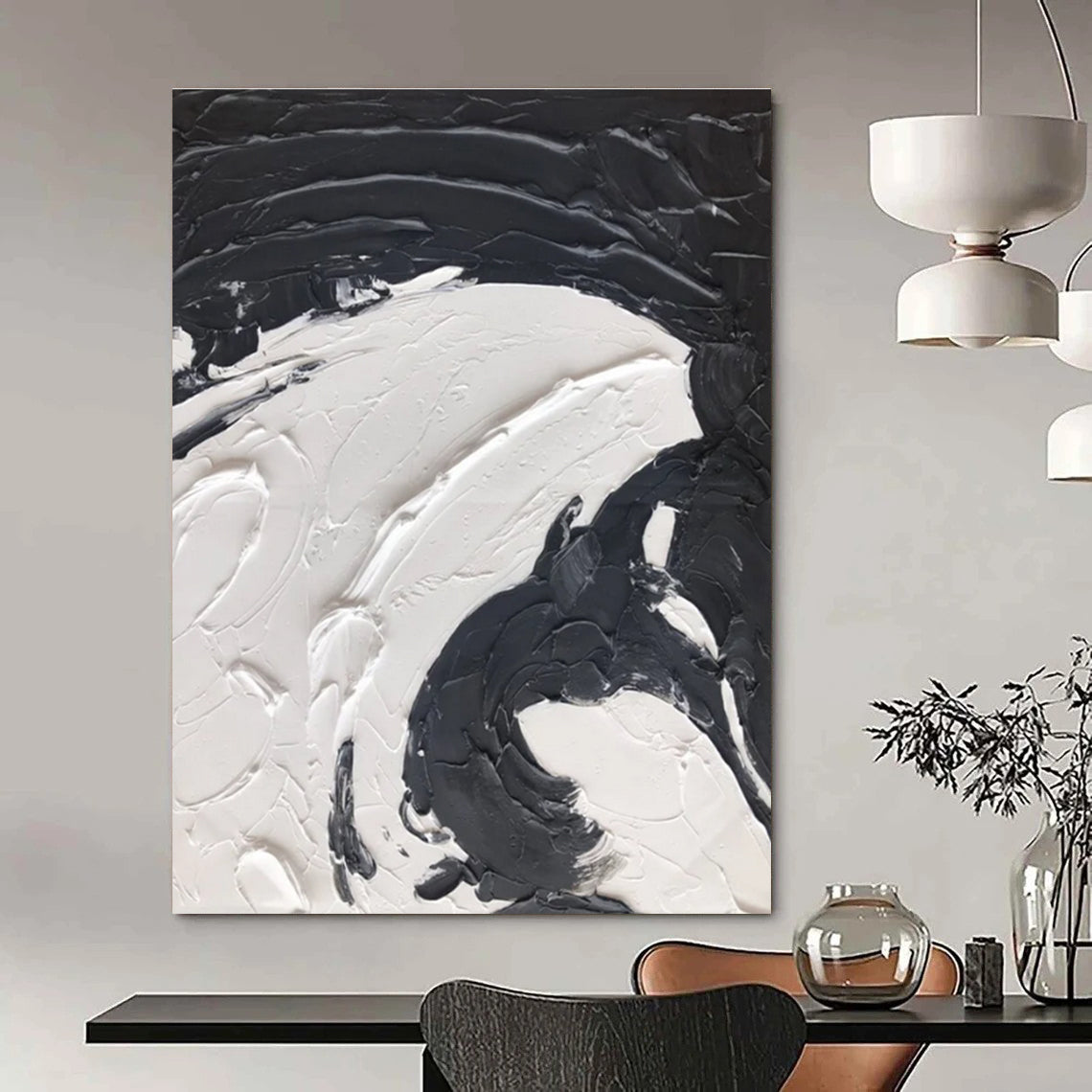 Black - White Swirl Textured Abstract Painting for Contemporary Living Rooms HENG393