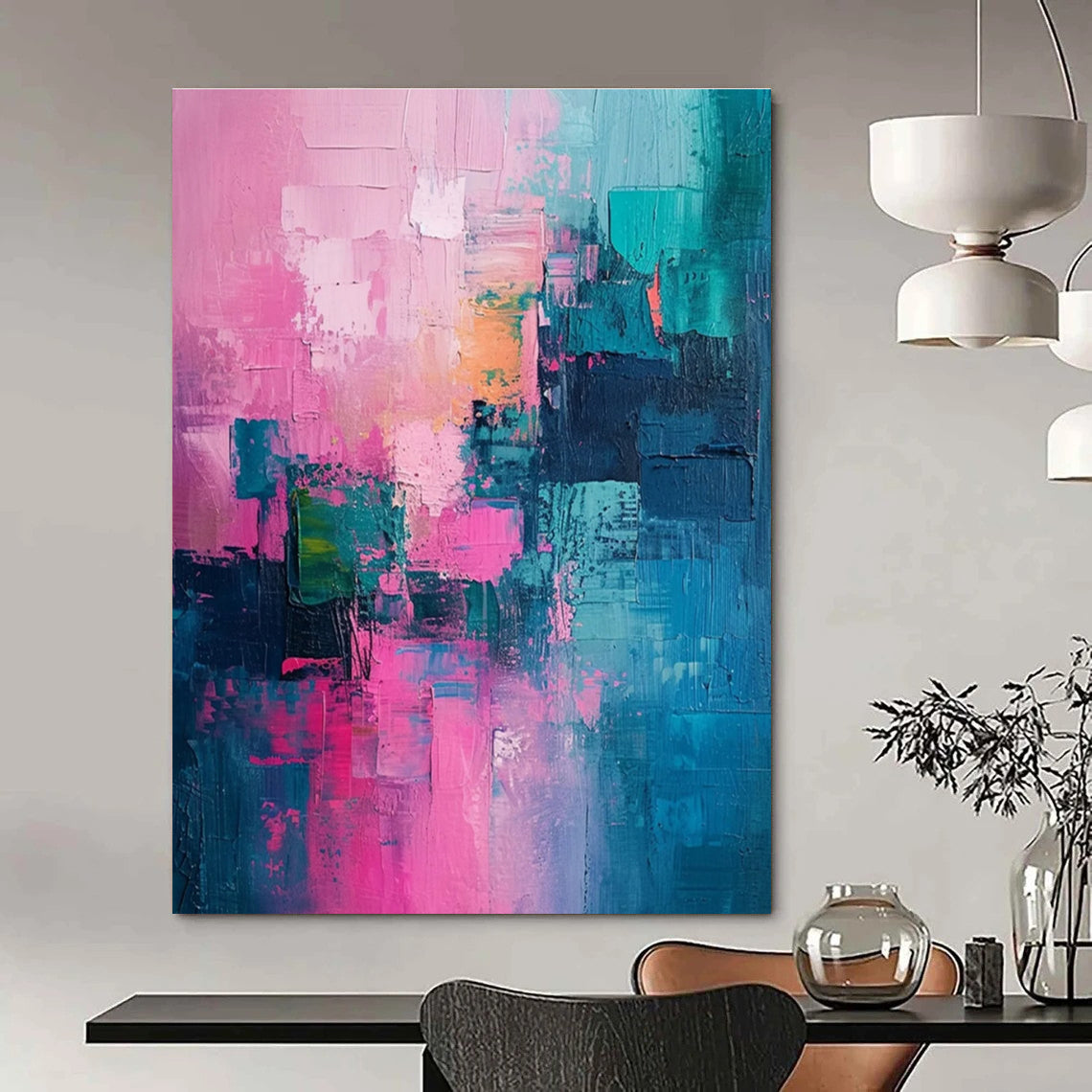 Soft Pink and Teal Abstract Painting for Bedroom Retreats HENG061