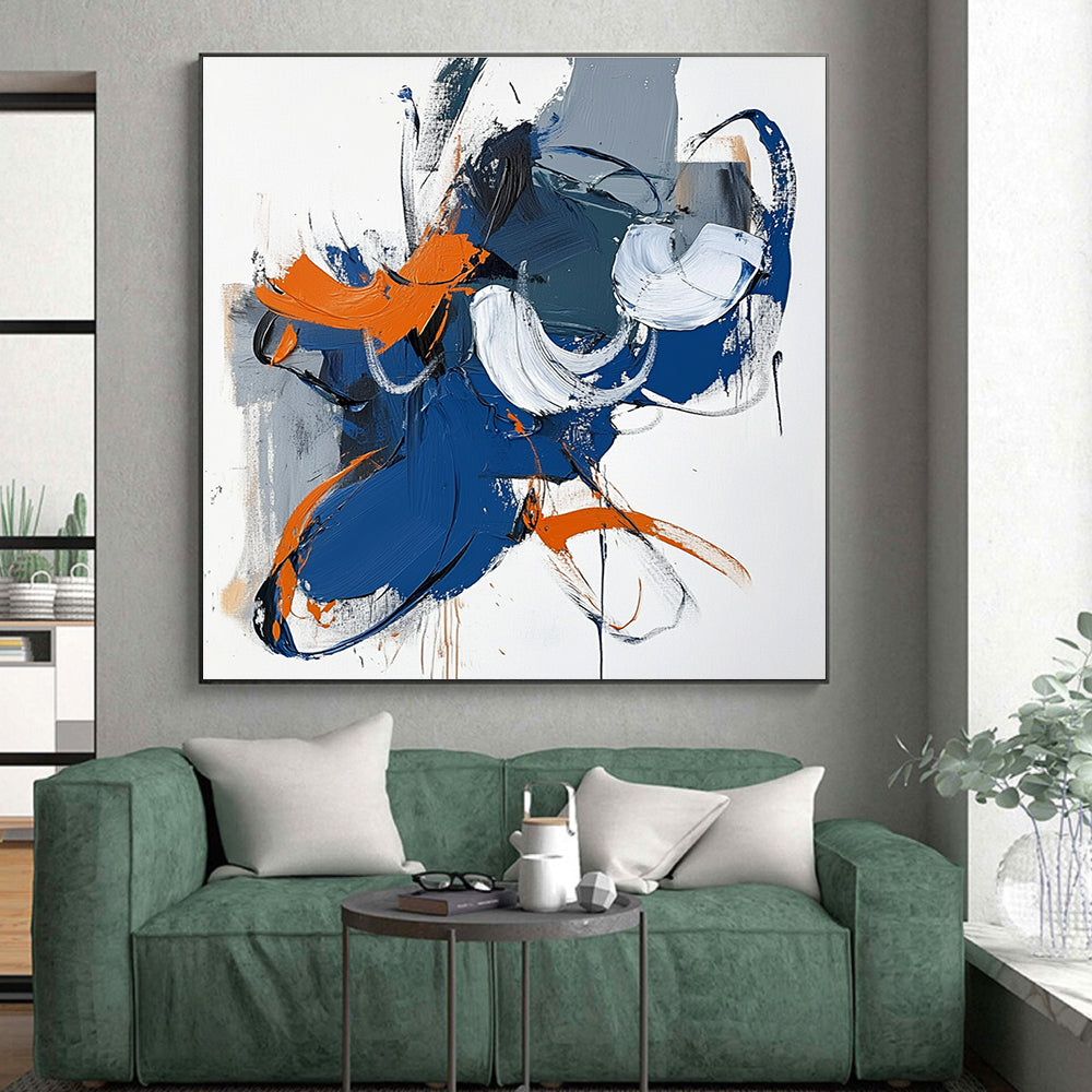 Blue Orange White Abstract Painting with Playful Brushstrokes WINK595