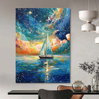 Sailboat Under Starry Sky Dreamy Maritime Abstract Painting GAB0354