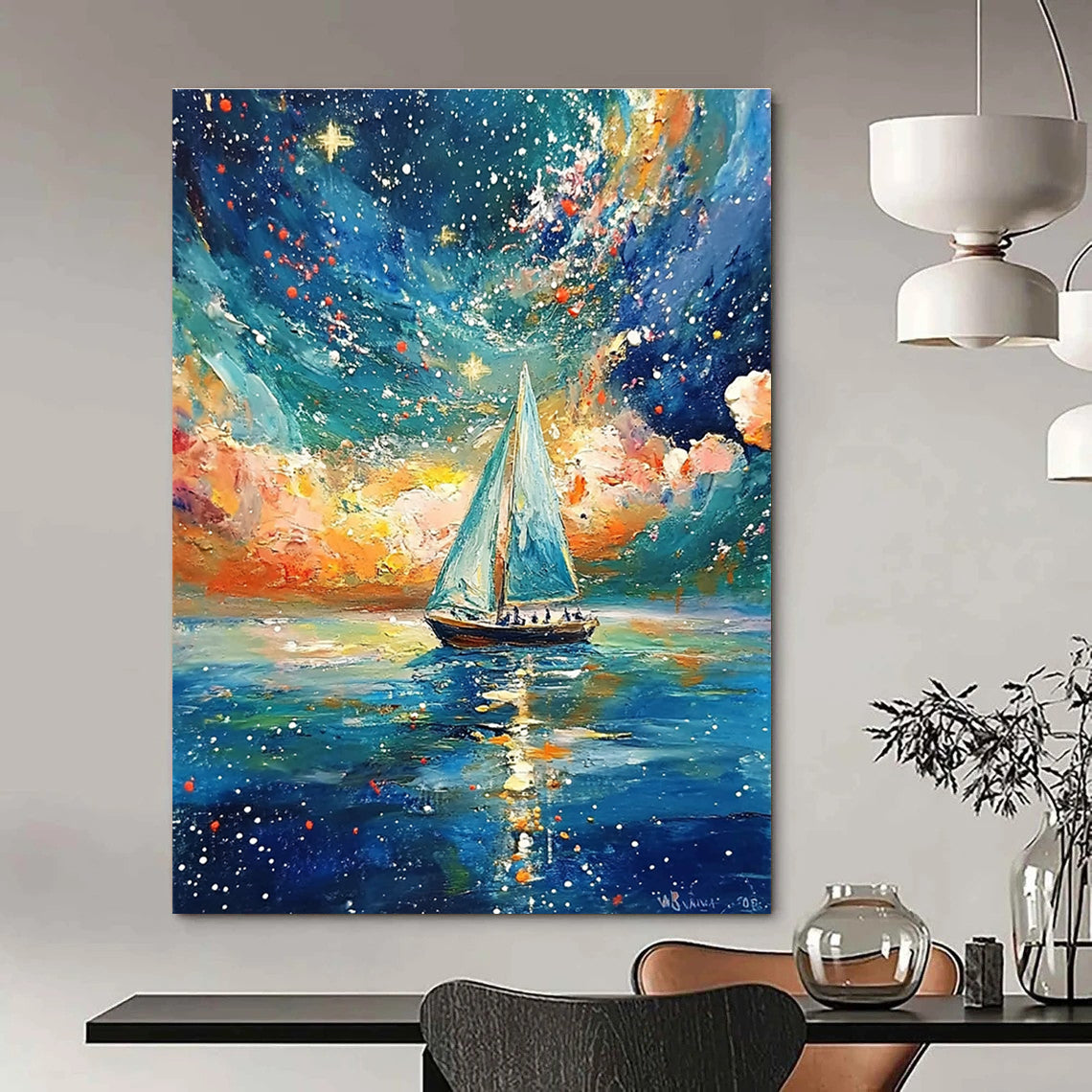 Sailboat Under Starry Sky Dreamy Maritime Abstract Painting GAB0354