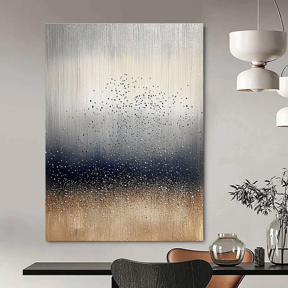 Silver and Gold Dotted Abstract Minimalist Painting for Modern Interiors GAB1444