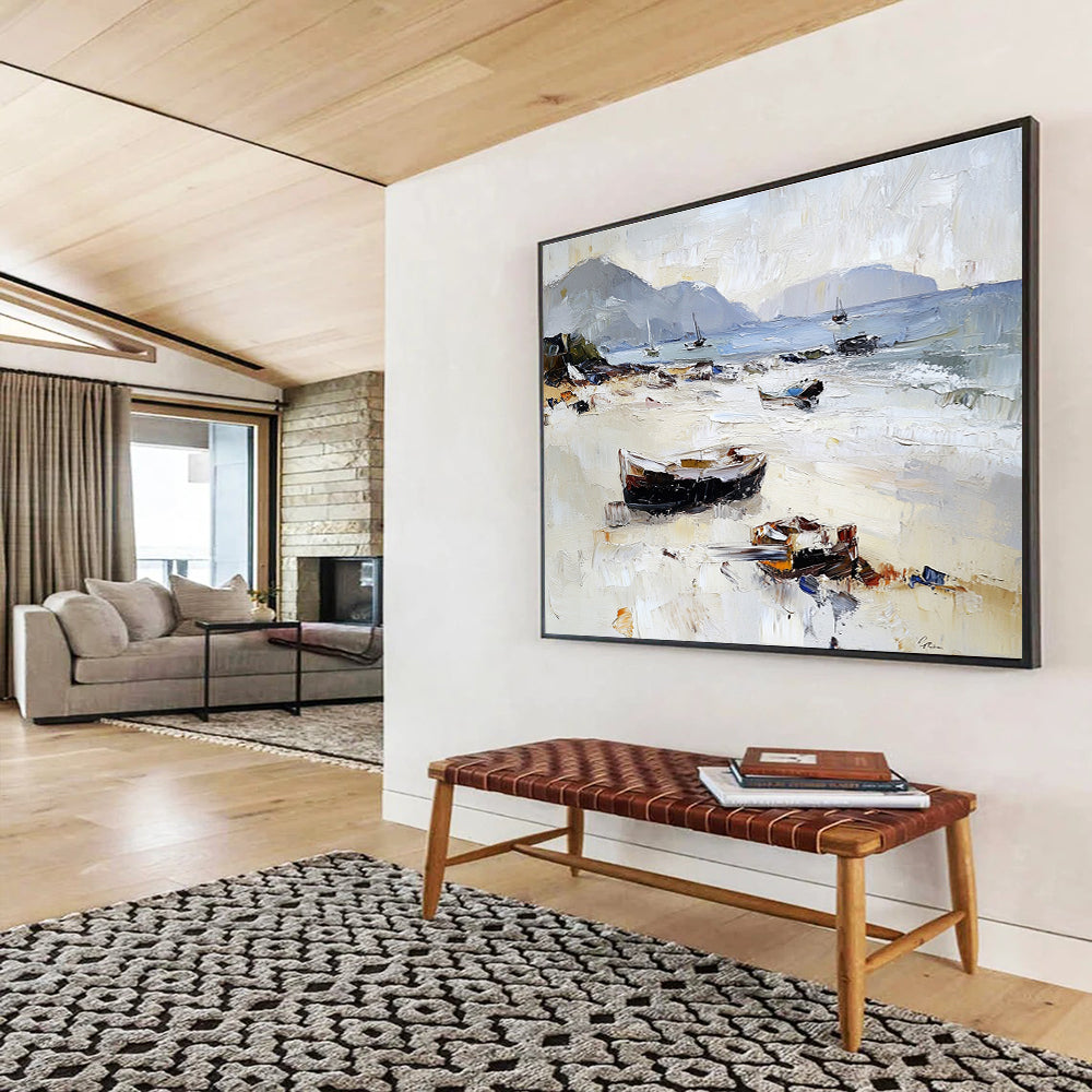 Beach with Beached Boats Abstract Painting with Casual Coastal Charm ABS602
