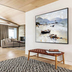 Beach with Beached Boats Abstract Painting with Casual Coastal Charm ABS602