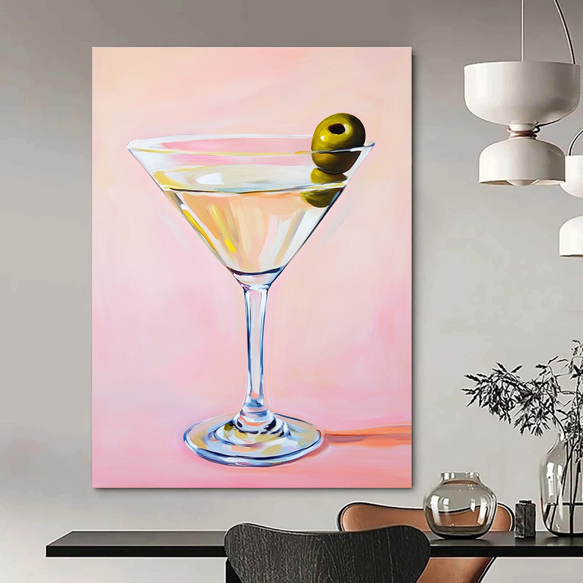 Martini Glass with Olive Chic Abstract Painting for Modern Bars GAB1424