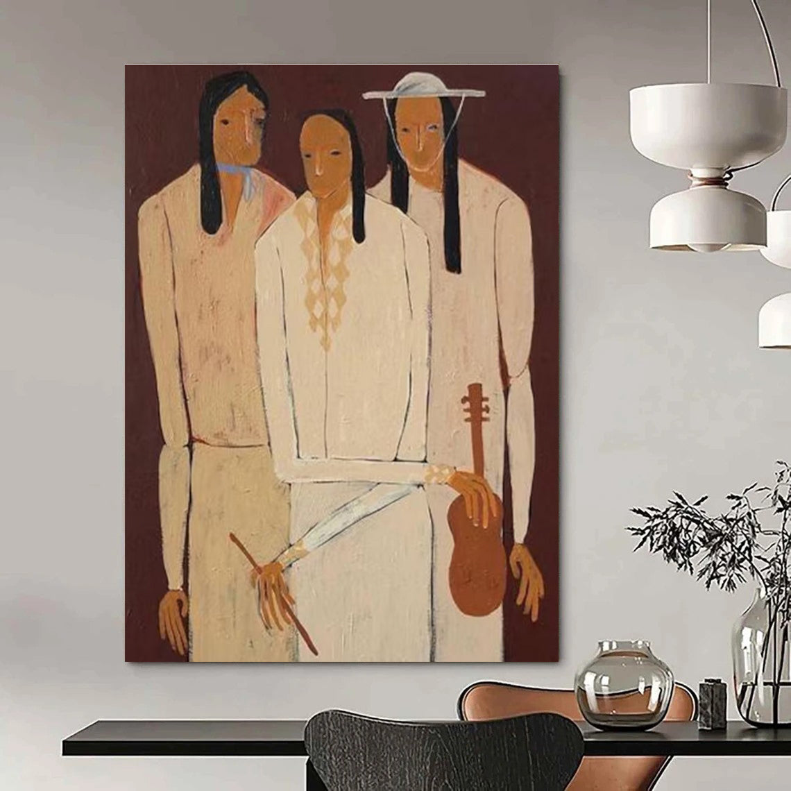 Three Figures in Traditional Attire Abstract Painting for Cultural Heritage Spaces HENG141