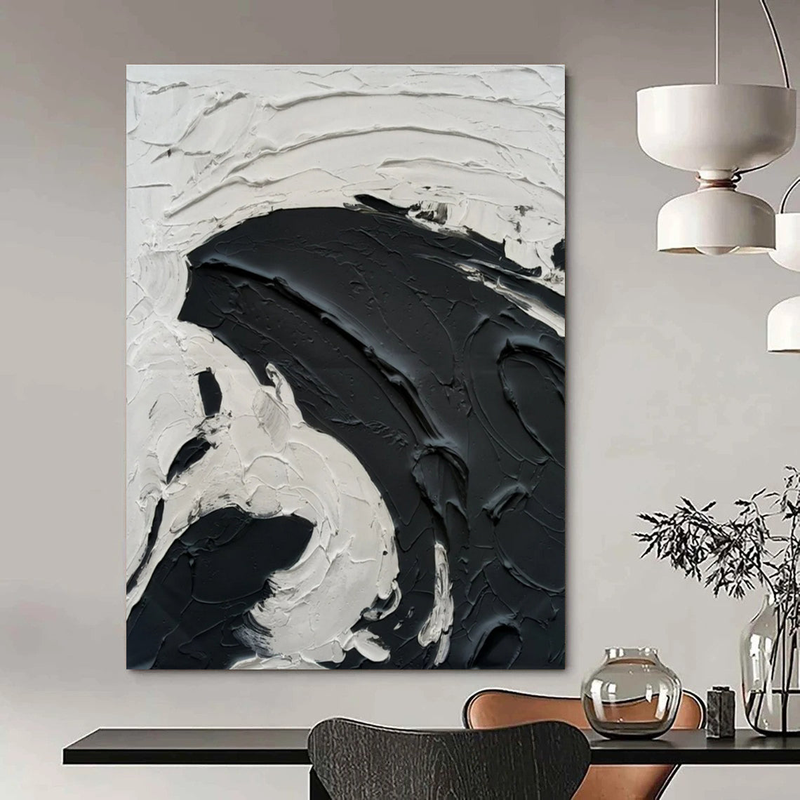 Black - White Swirl Textured Art Abstract Painting for Bold Interiors HENG389