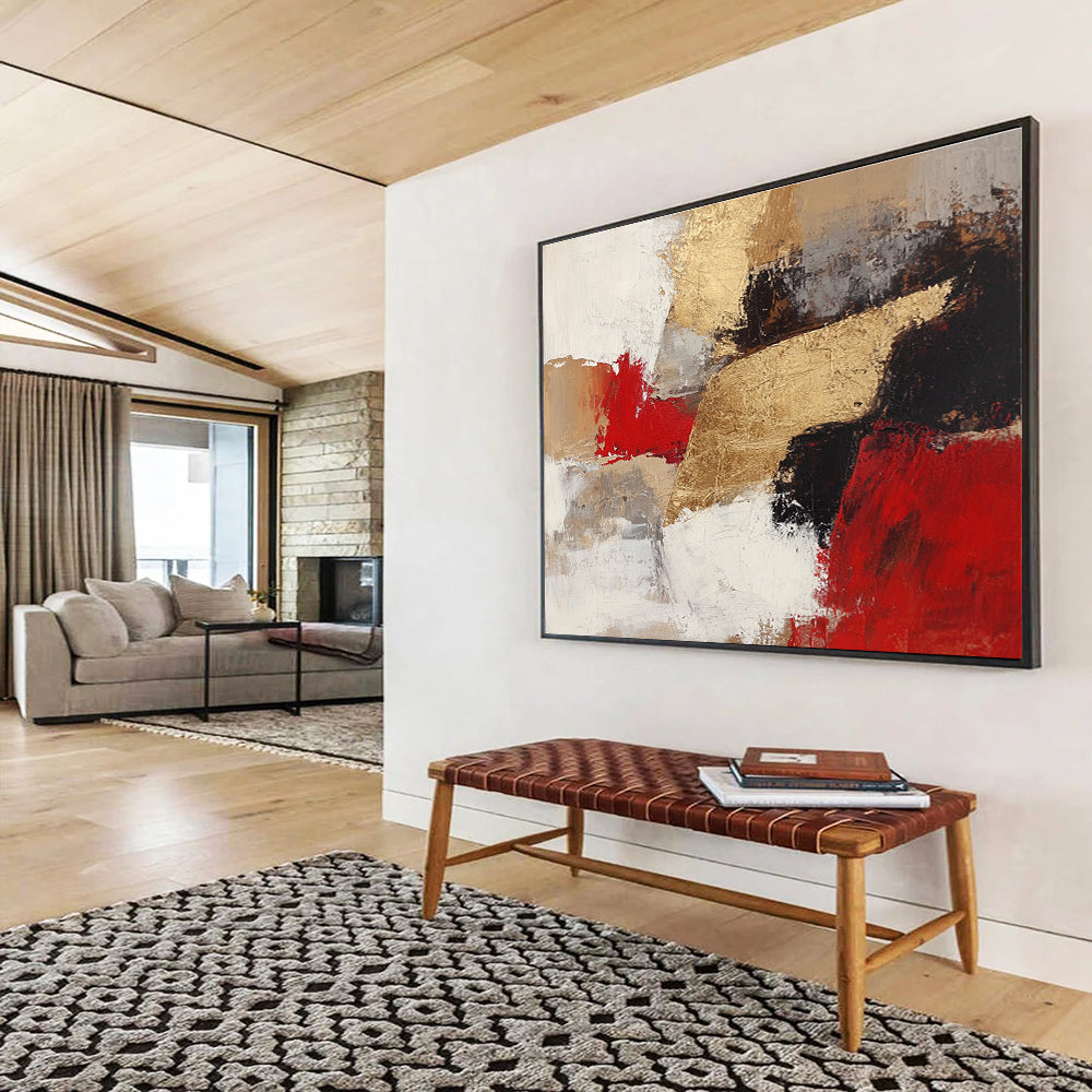 Gold Red Abstract Fusion Painting with Bold Textured Contrasts ABS539