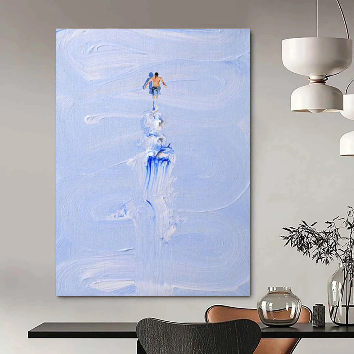 Figure on Textured Blue Path Abstract Painting for Adventure - Themed Spaces HENG327