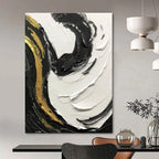 Black - White - Gold Swirl Textured Abstract Painting for Luxury Interiors HENG381