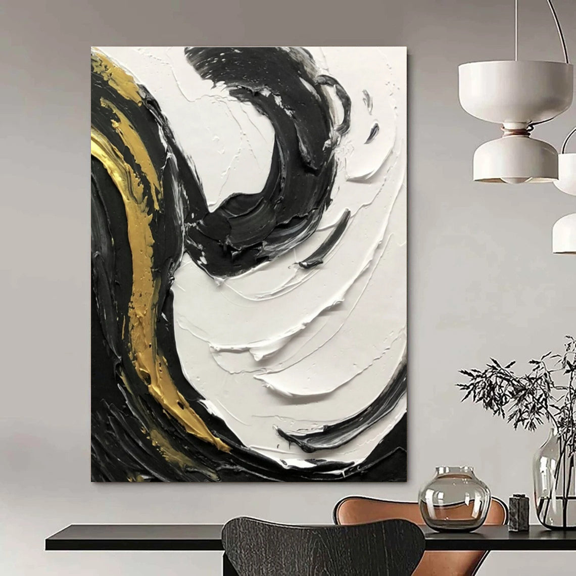 Black - White - Gold Swirl Textured Abstract Painting for Luxury Interiors HENG381