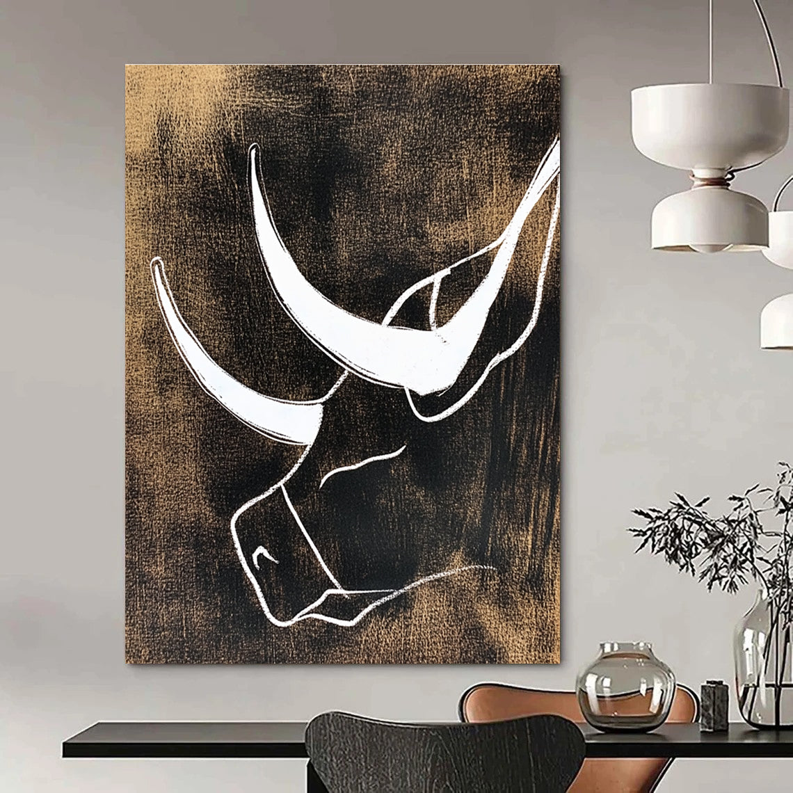 White Bull Silhouette Abstract Painting for Rustic - Chic Ranch Homes GAB1388