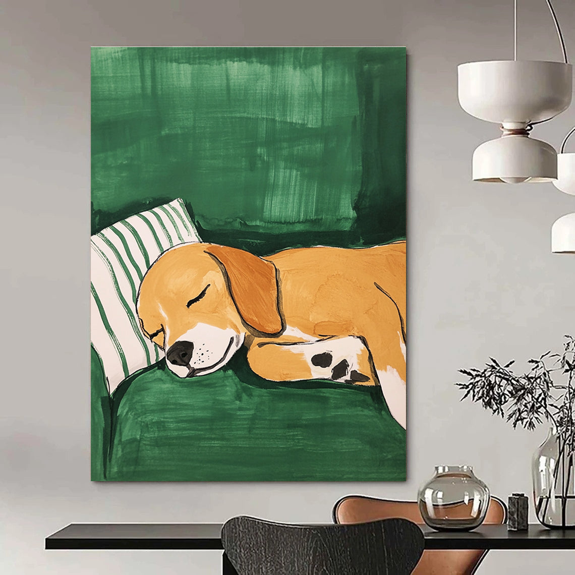 Sleeping Dog on Green Cozy Pet - Inspired Abstract Painting GAB0345