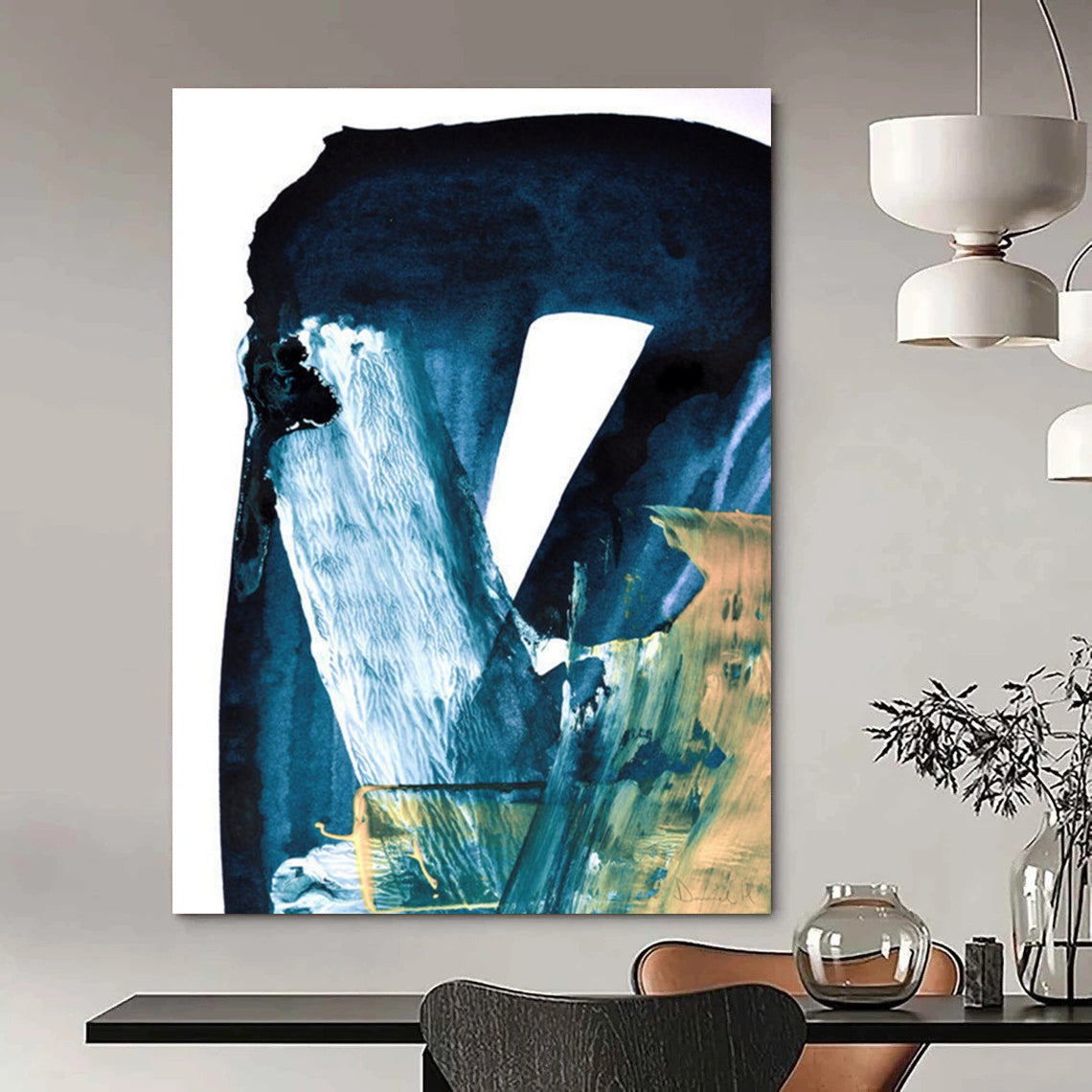 Blue - Toned Abstract with Gold Accents Painting for Luxury Home Entrances HENG190