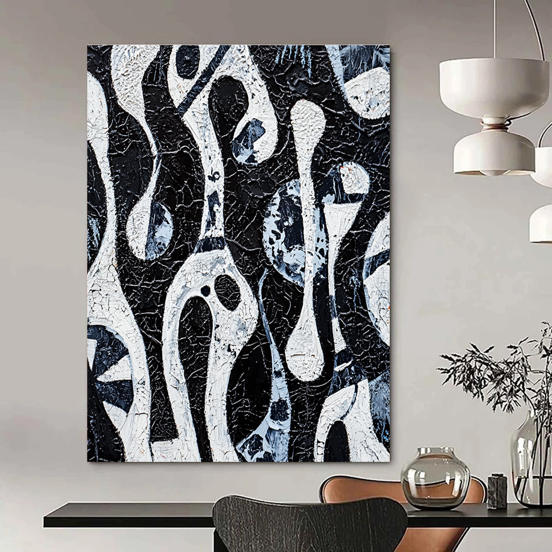 Black and White Flowing Forms Abstract Painting with Intricate Textures GAB0057
