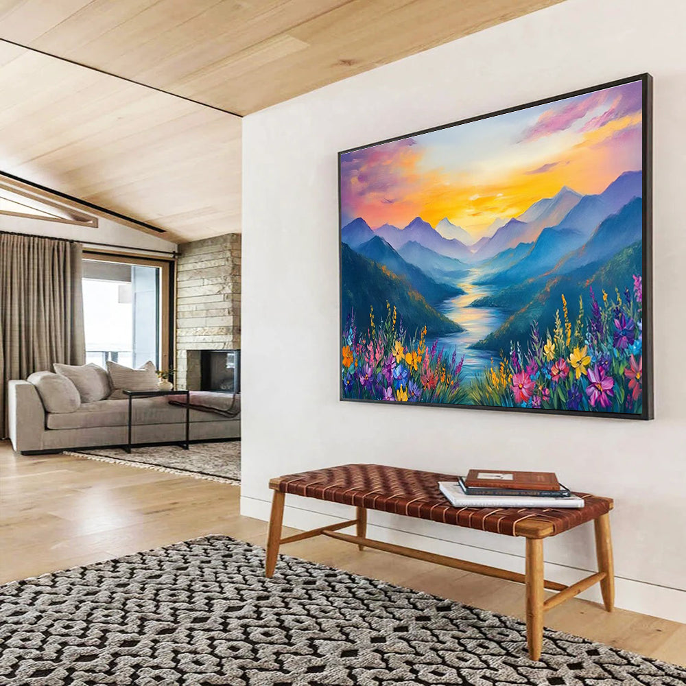 Sunset Mountain River Abstract Painting for Nature - Lover Bedrooms YHT414
