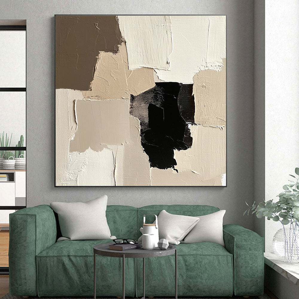 Beige Black Abstract Blocks Painting with Minimalist Depth WINK452