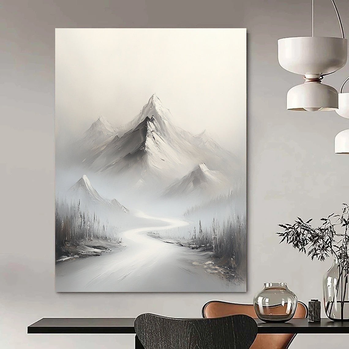 Misty Mountain River Ethereal Landscape Abstract Painting for Tranquil Spaces GAB1540