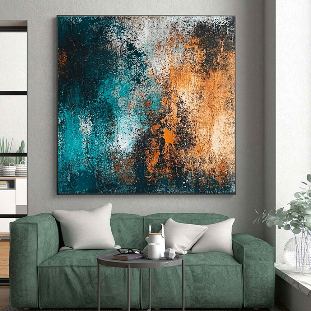 Teal and Orange Textured Abstract Painting with Fiery Calm WINK289