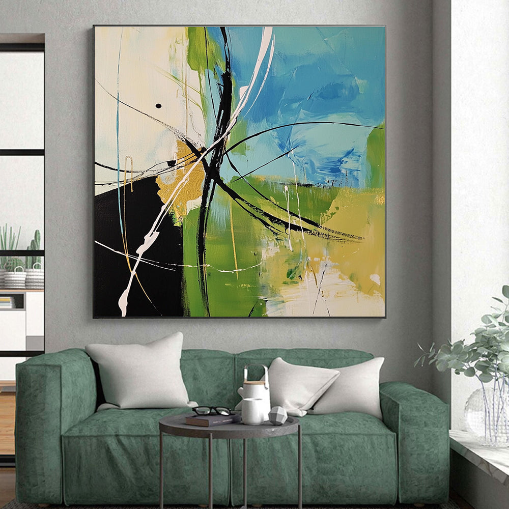 Blue Green Black Abstract Painting with Energetic Lines WINK619