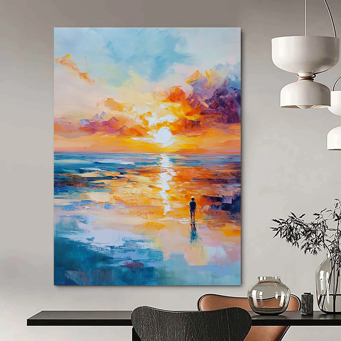 Solitary Figure Sunset Abstract Painting with Emotional Depth GAB0011