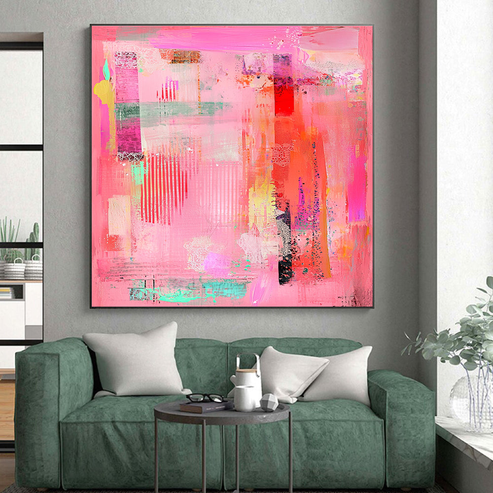 Intricate Pink Collage Abstract Painting with Whimsical Detail WINK255