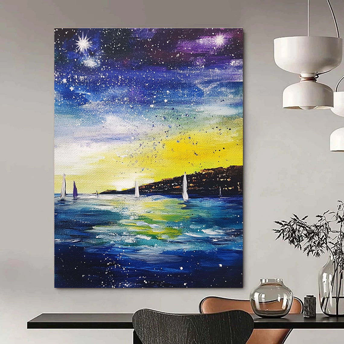 Starry Night Seaside Abstract Painting for Nautical - Themed Bedrooms GAB1263