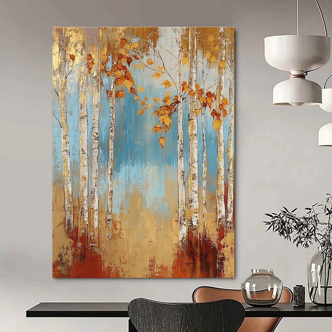 Golden Birch Forest Abstract Painting for Cozy Living Rooms GAB0753