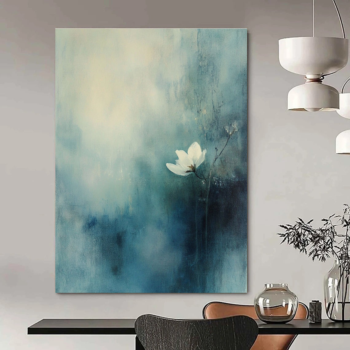 Solitary White Flower Abstract Painting for Serene Bedrooms GAB1101
