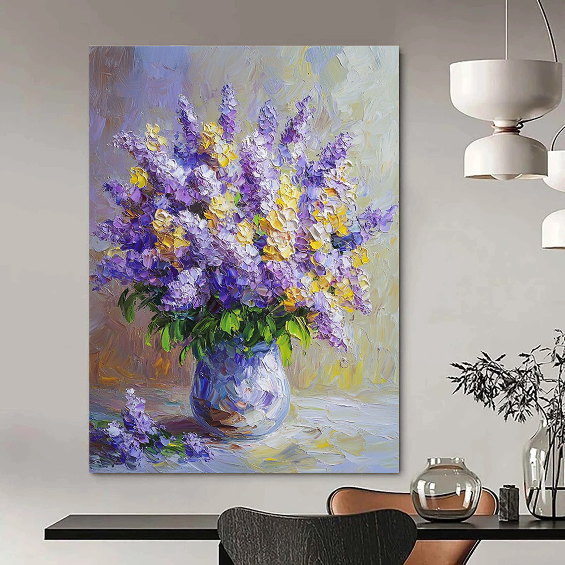Purple and Yellow Flower Vase Painting of Elegant Floral Harmony GAB0162