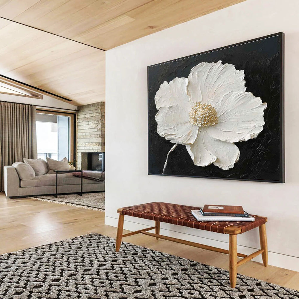 Textured White Flower Abstract Painting for Elegant Spaces YHT090