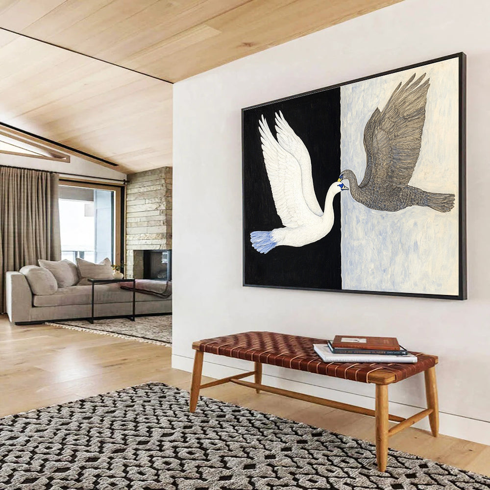 Symbolic Black - White Swans Art Exploring Duality and Harmony in Nature Abstract Painting ABS149