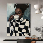 Stylish Woman with Checkered Sweater Abstract Painting GAB0038