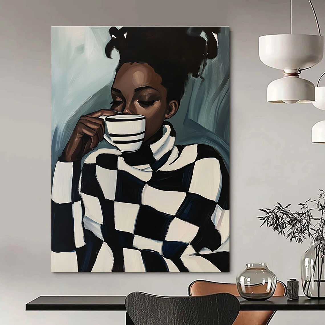 Stylish Woman with Checkered Sweater Abstract Painting GAB0038